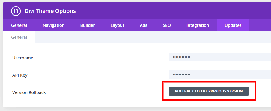 Divi version rollback feature