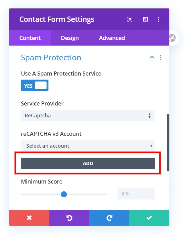 add Google reCAPTCHA account in Divi contact form or email option