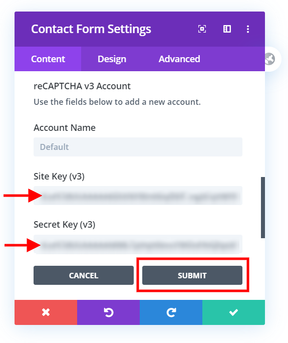 add Google reCAPTCHA account in Divi contact form or email option