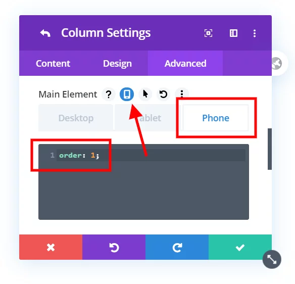 add css to the column settings to adjust the Divi mobile column stacking order