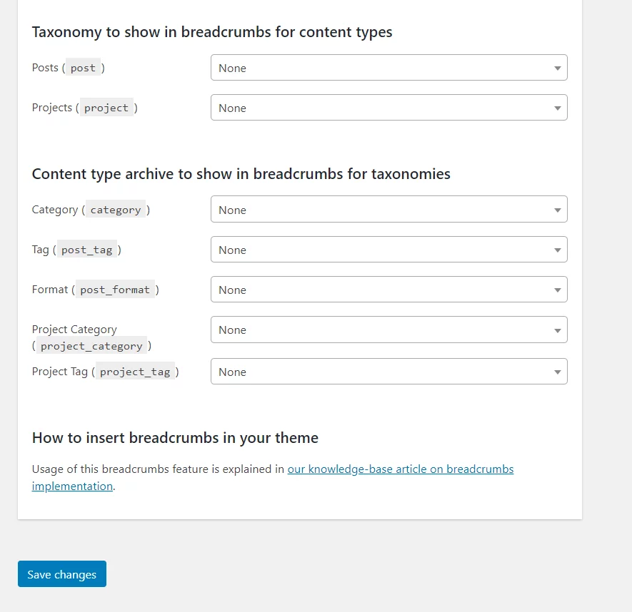 Yoast Breadcrumb settings in Divi