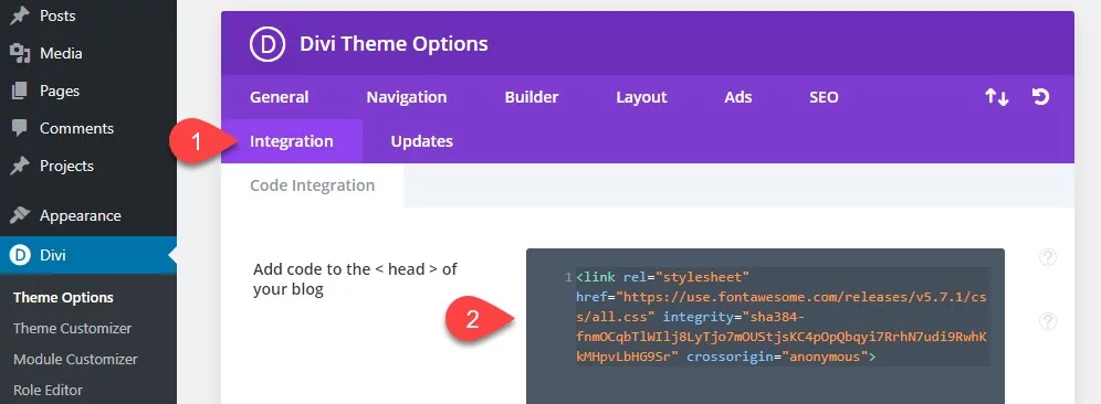 Add your Font Awesome code to the Divi integrations tab Add your Font Awesome code to the Divi integrations tab