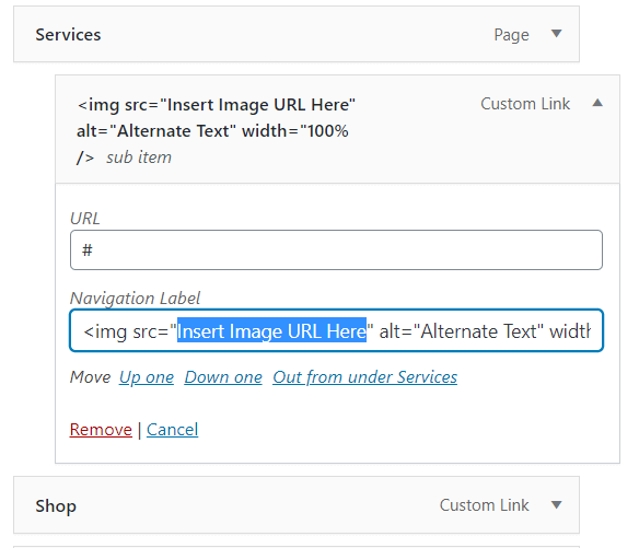 Replace the menu text with the link to your image Replace the menu text with the link to your image