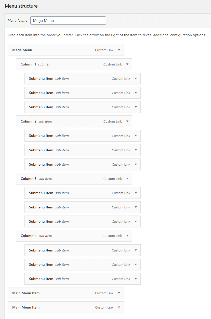 structure of the menu items for the Divi mega menu