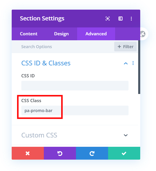 add the CSS class to the Divi promo notification bar