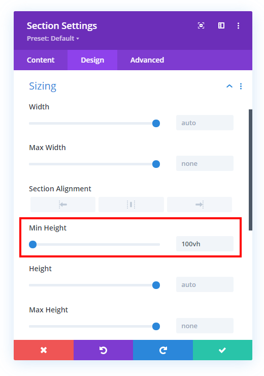 set a Divi section to full height in the Divi Builder