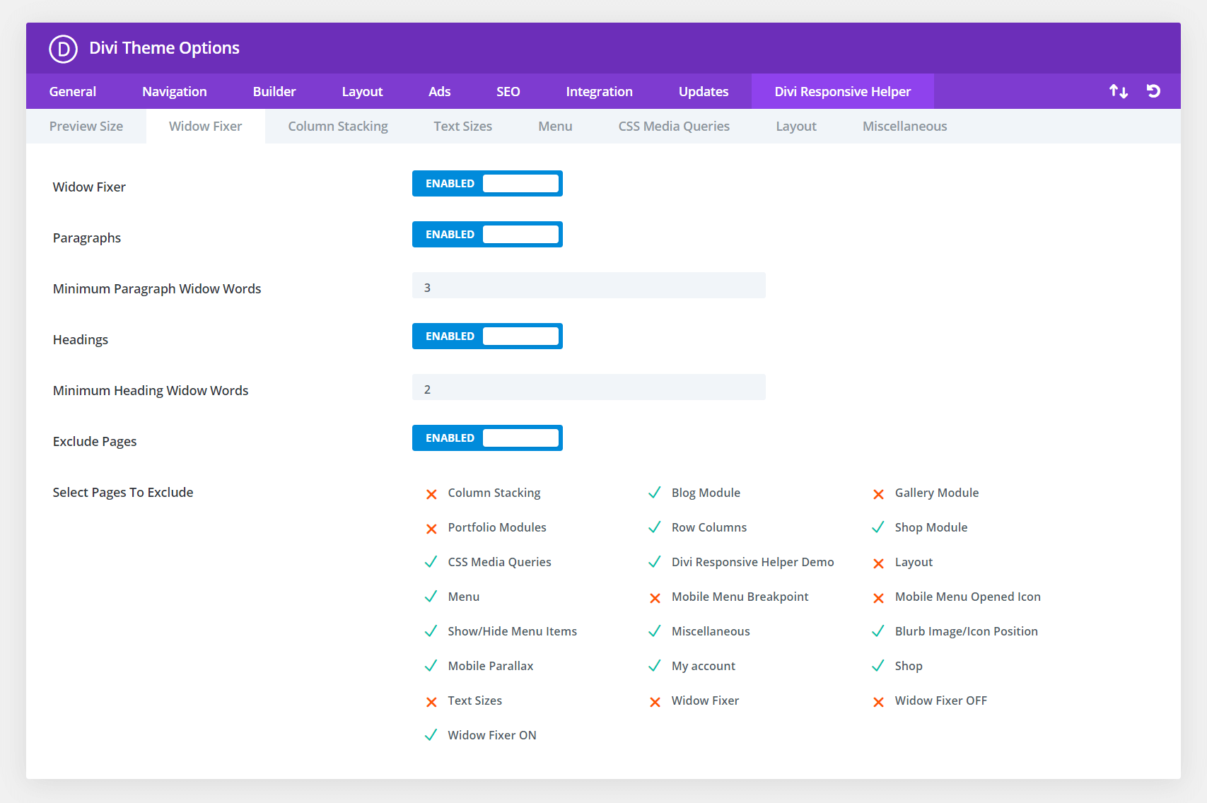 Divi Responsive Helper Paragraph and Heading Widow Fixer Settings