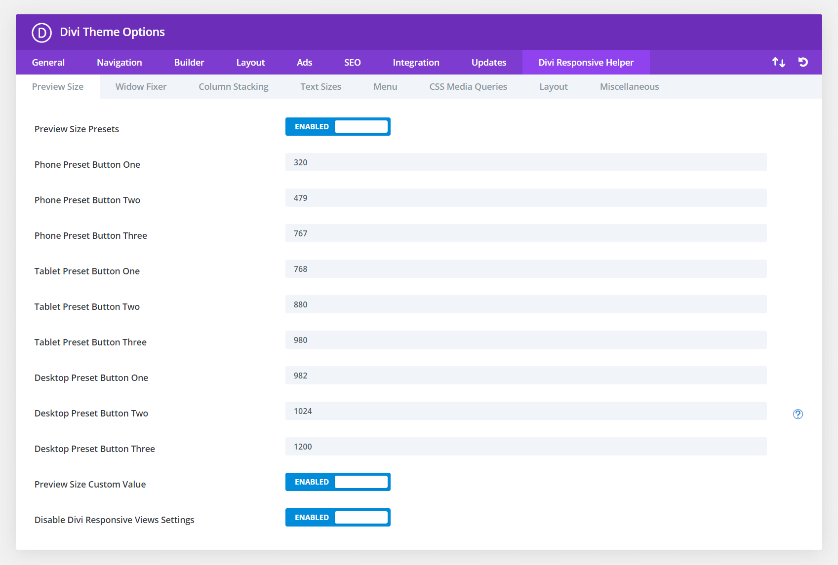 Divi Responsive Helper Preview Size Preset and Custom Value Settings 1