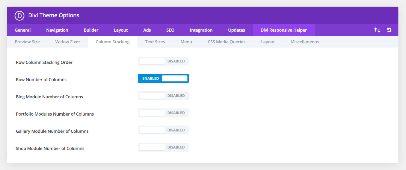 Divi Responsive Helper Row Number of Columns Setting