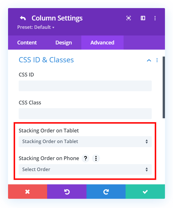 choose a Divi Responsive Helper Column Stacking Order in each column for tablet or phone