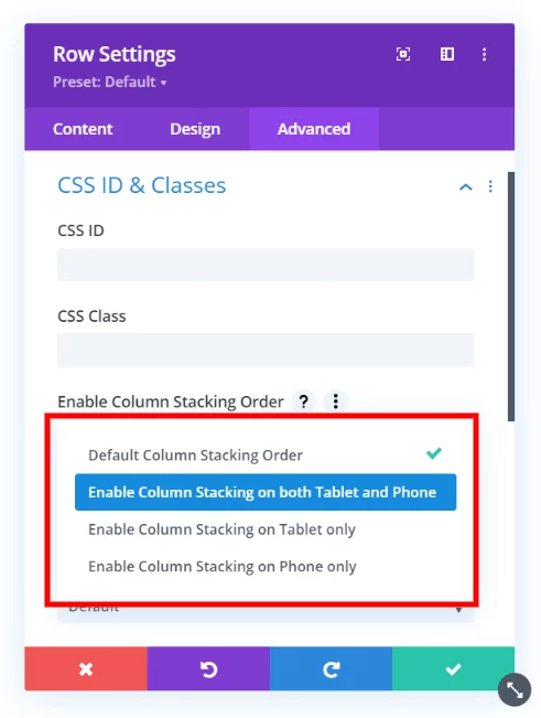 choose a Divi Responsive Helper Column Stacking Order option for tablet or phone