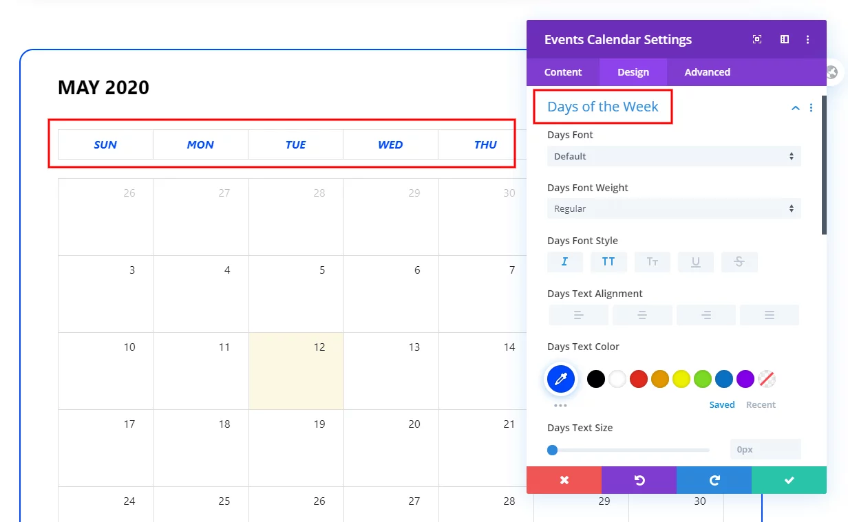 Days of the Week Text Styling in the Calendar View of the Divi Events Calendar