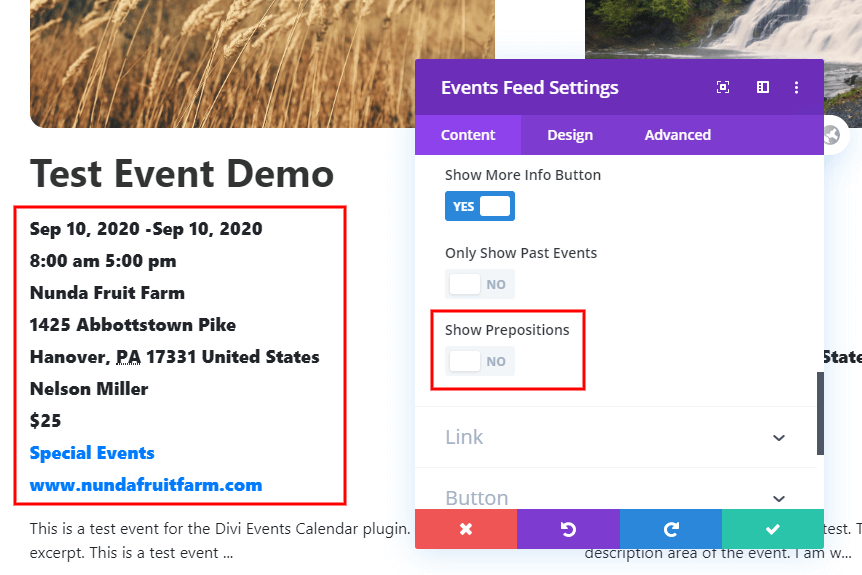 Show or hide prepositions and dividers in the Divi Event Calendar event details Show or hide prepositions and dividers in the Divi Event Calendar event details
