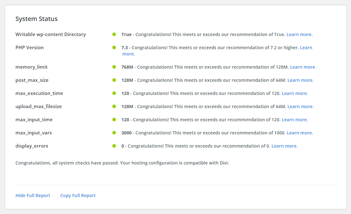 how to get all green lights in Divi support center system status using Siteground hosting