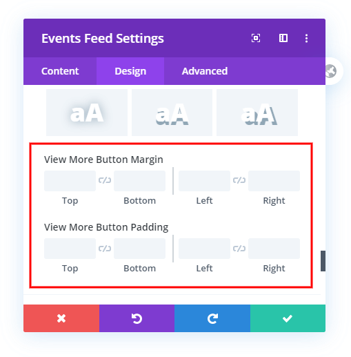 margin and padding spacing settings for the View More button in the Divi Events Calendar margin and padding spacing settings for the View More button in the Divi Events Calendar
