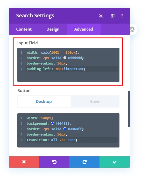 customize and style the Divi search module input field with custom css