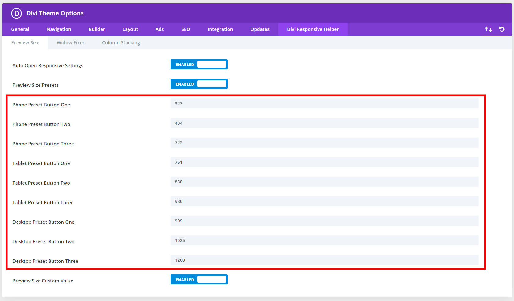 customize the Divi Responsive Helper preview size custom preset sizes