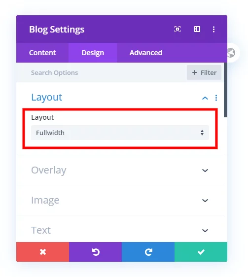 change the Divi blog module column number by first setting the layout to fullwidth