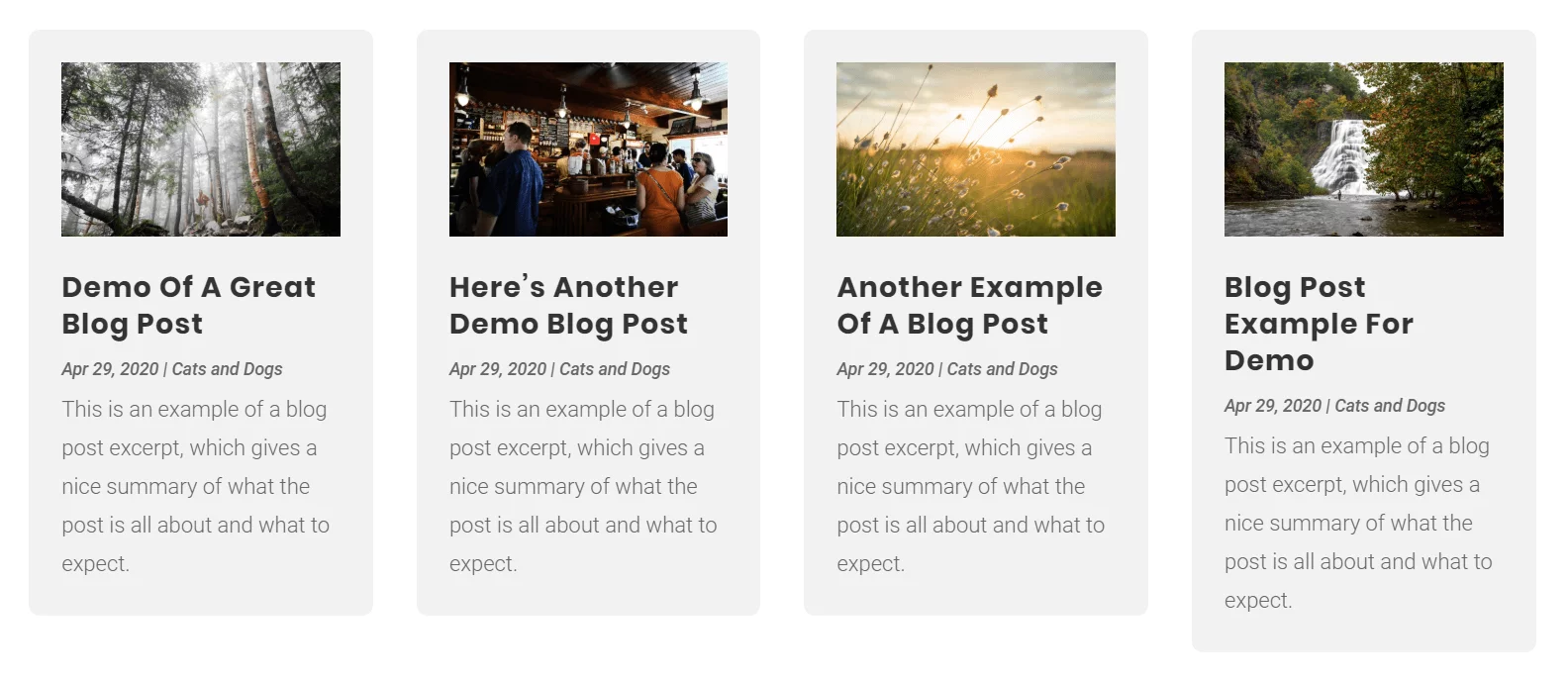 four column Divi blog module grid layout