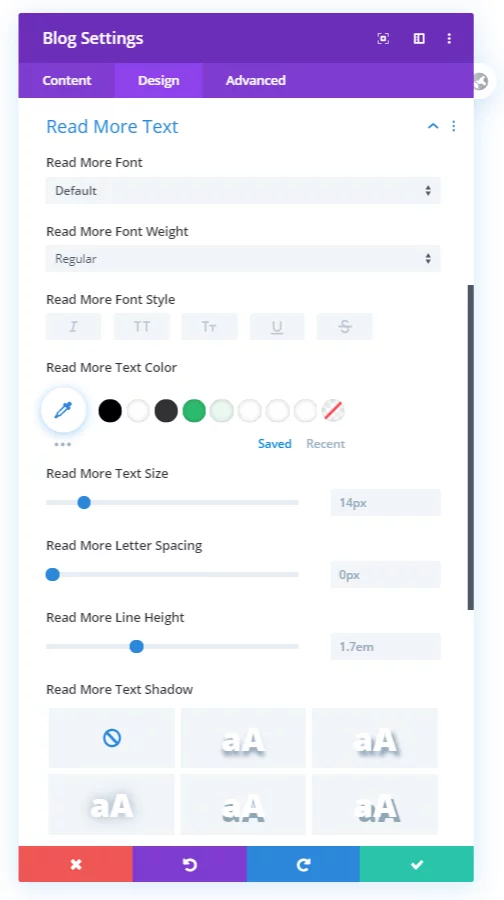 settings for the Divi Blog module read more button