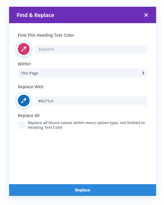 how to find and replace colors in Divi