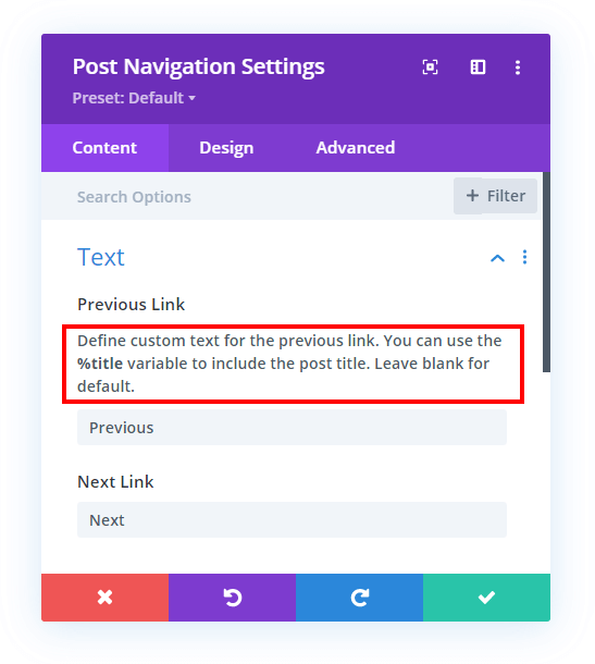 customizing the text of the Divi post navigation module