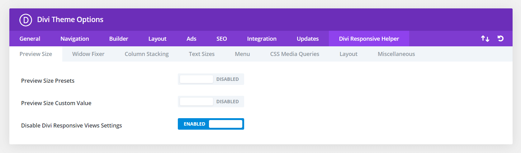 Disable Divi Responsive Views Feature Setting in Divi Responsive Helper