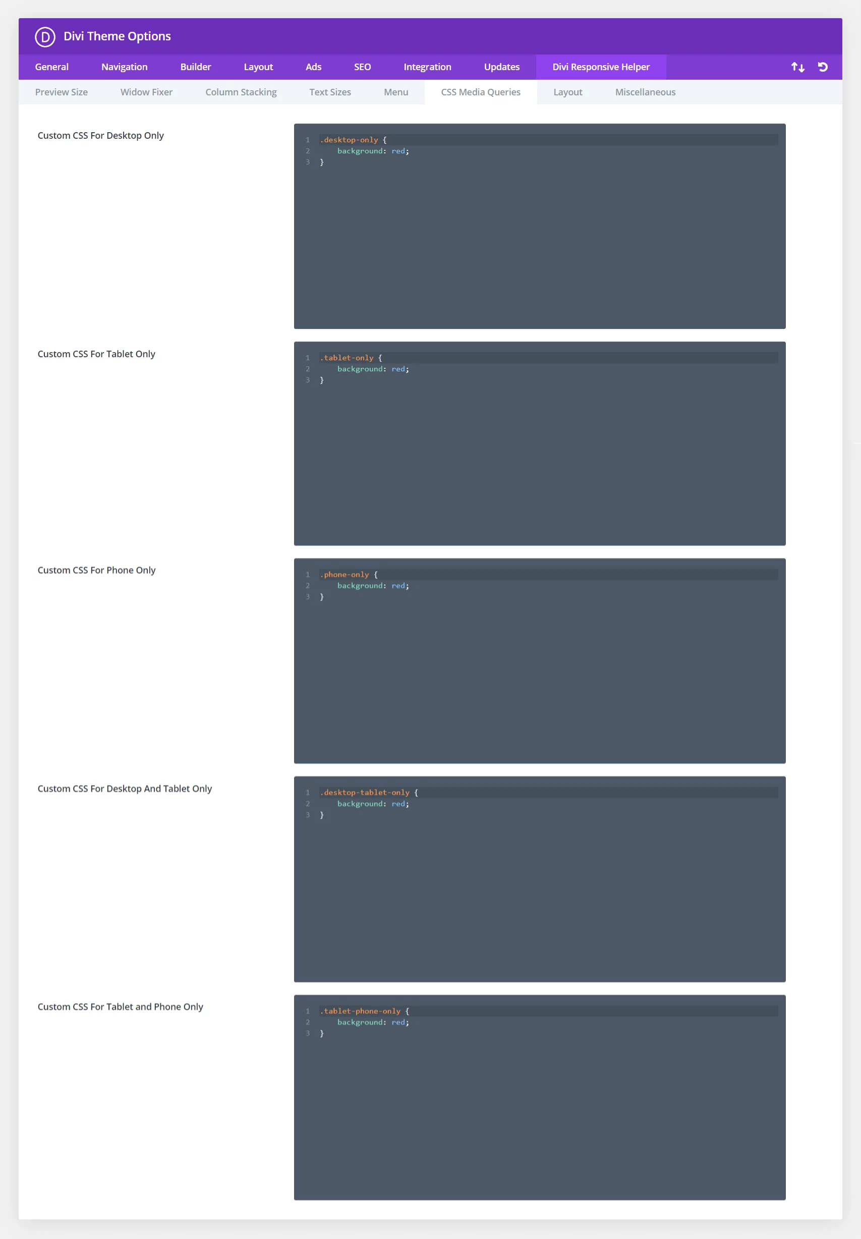 Divi Responsive Helper CSS Media Queries Settings