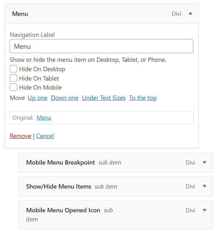 Divi Responsive Helper Menu Settings to show or hide menu items on each device