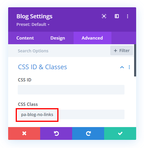 add custom class to Divi Blog module to remove links