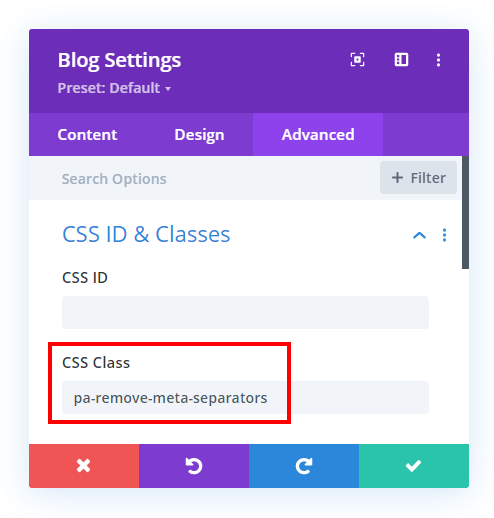 add the custom class to the Divi blog module to remove the meta separators