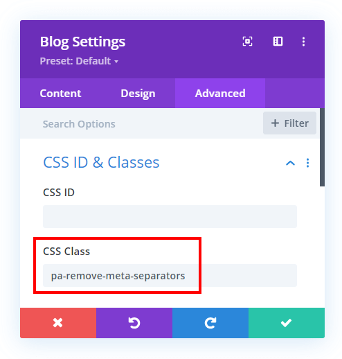 add the custom class to the Divi blog module to remove the meta separators add the custom class to the Divi blog module to remove the meta separators