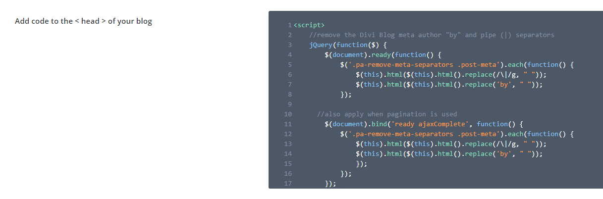 where to add the jquery code in Divi Theme Options to remove the blog meta separators where to add the jquery code in Divi Theme Options to remove the blog meta separators