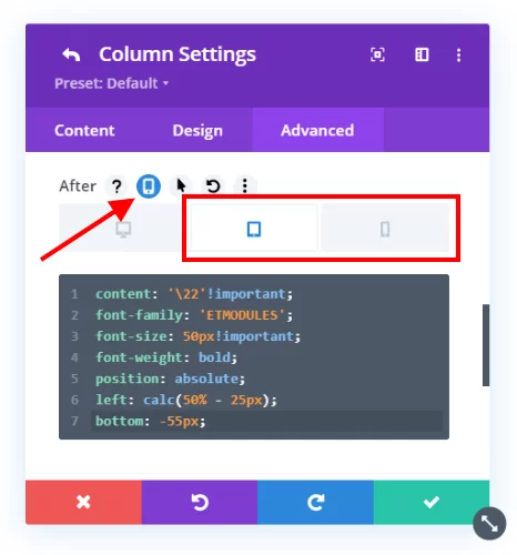 add an icon to the bottom of the Divi columns on Tablet and Phone add an icon to the bottom of the Divi columns on Tablet and Phone
