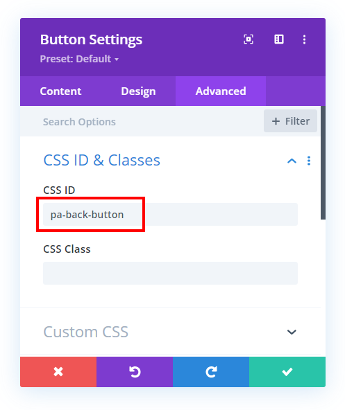 add CSS ID for browser back button in Divi