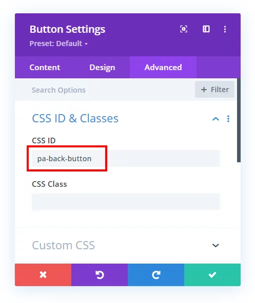 add CSS ID for browser back button in Divi