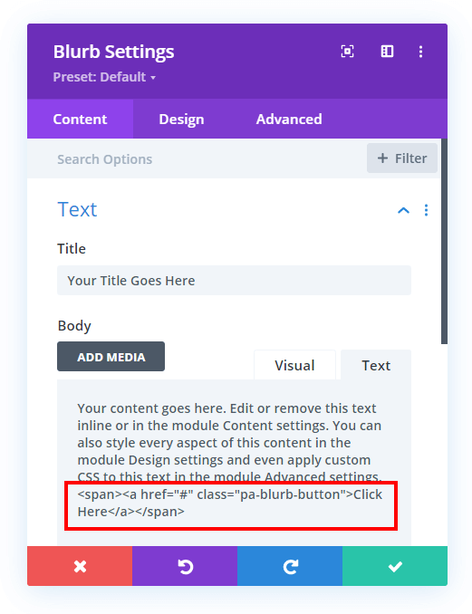 adding a button link to a Divi Blurb module with a span tag adding a button link to a Divi Blurb module with a span tag