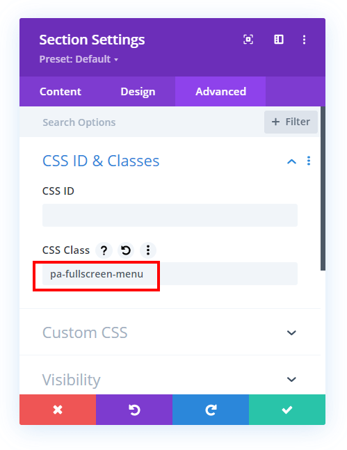 add css class to header section to make the Divi fullscreen menu