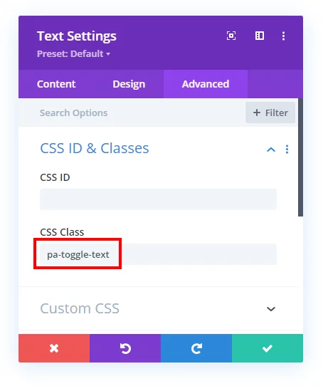 add custom CSS class to Divi text to expand and collapse