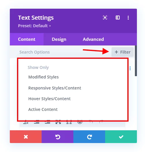 filter Divi settings