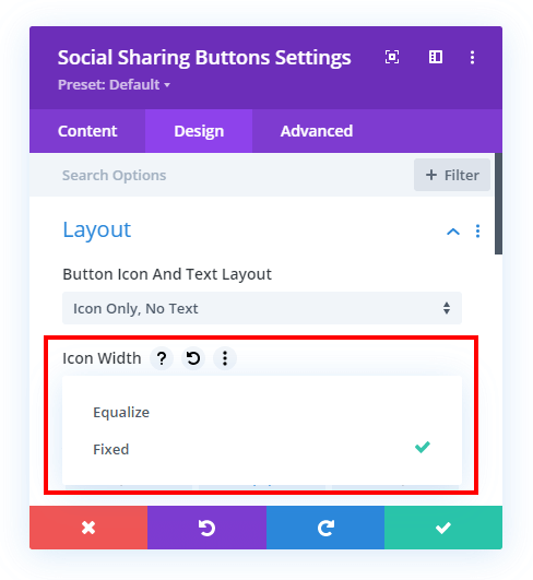 set the icon width fixed or equalized in the Divi Social Sharing Buttons module