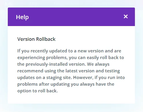 Divi Theme Version Rollback feature explanation