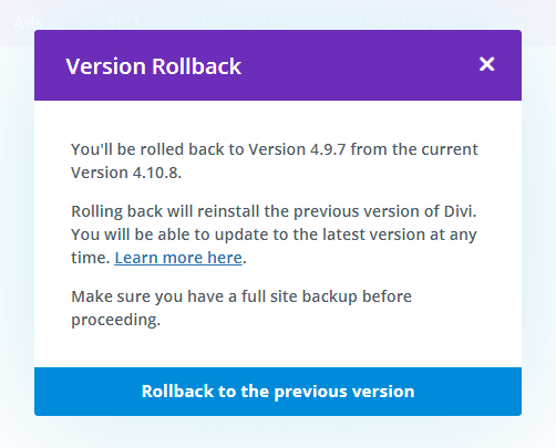 Divi Theme Version Rollback message Divi Theme Version Rollback message