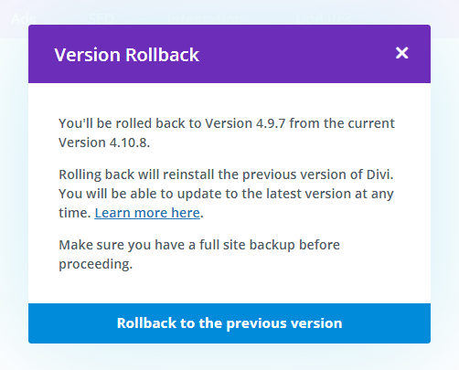 Divi Theme Version Rollback message