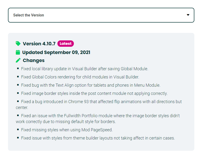 example of the free simplified and styled Divi changelog by Pee-Aye Creative example of the free simplified and styled Divi changelog by Pee Aye Creative