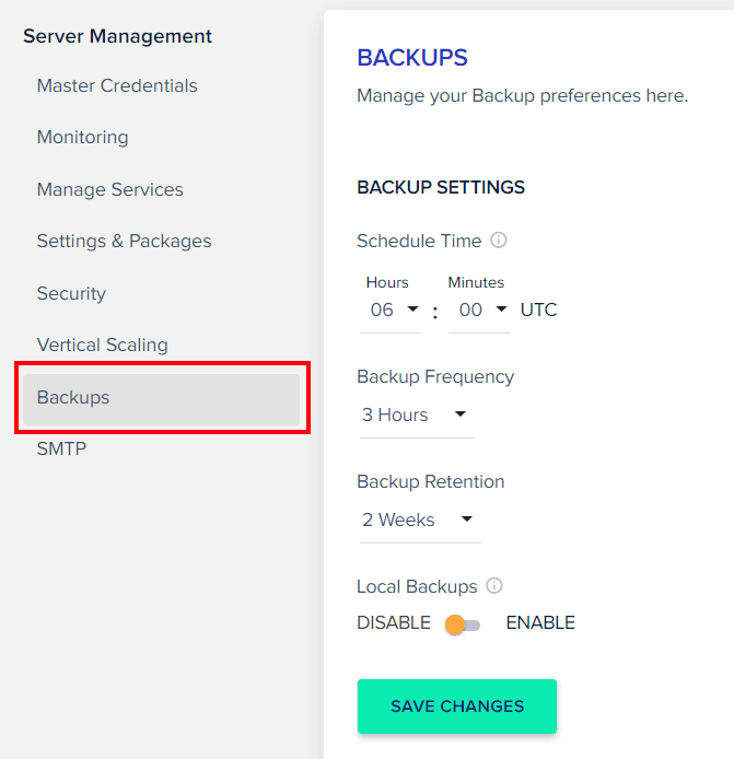 manager server backups on Cloudways