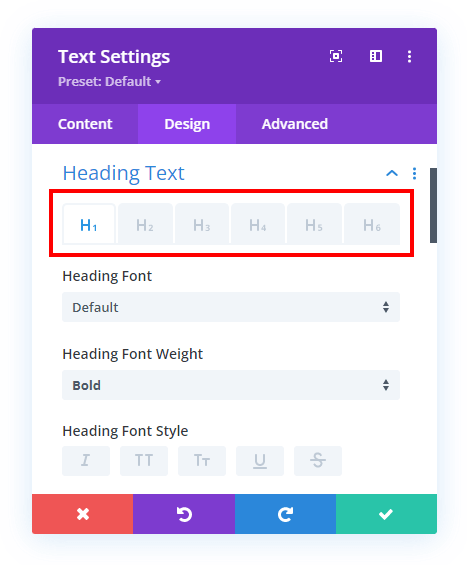 design settings for h1 h6 heading levels in Divi dynamic content