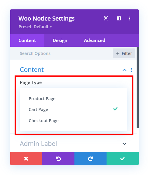 new page type setting in the Divi Woo Notice module