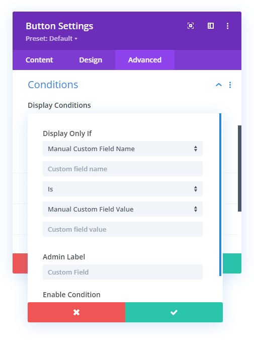 Divi Display Conditions custom field display only if settings