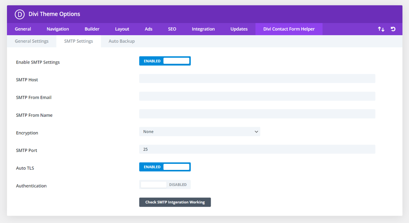 SMTP Setting In Theme Options Divi Contact Form Helper Plugin by Pee Aye Creative